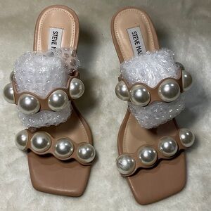 Steve Madden Tan Slide Sandals with Oversized Pearls